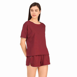 Camiseta de cuello redondo de color granate para mujer, conjuntos cortos de algodón puro, moda para dormir - Product Image 3