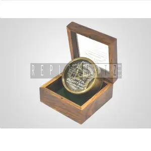 Vintage Brass Sundial <b>Compass</b> with Glass Wooden Box Decorative Object | <b>Antique</b> Nautical <b>Compass</b> Clock for Camping Hiking Travel - Product Image 1
