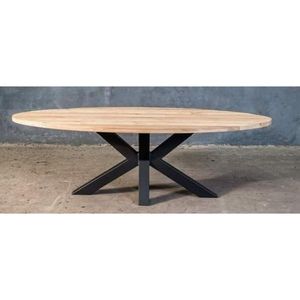 Table à manger ovale en métal et bois de manguier massif au design industriel et vintage avec pieds araignées, 6 places, pour hôtel et villa - Product Image 1