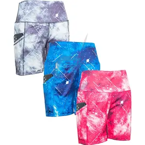 High Waist Workout Yoga Shorts with Side Pockets Sport Shorts for Women / Galaxy Print Shorts