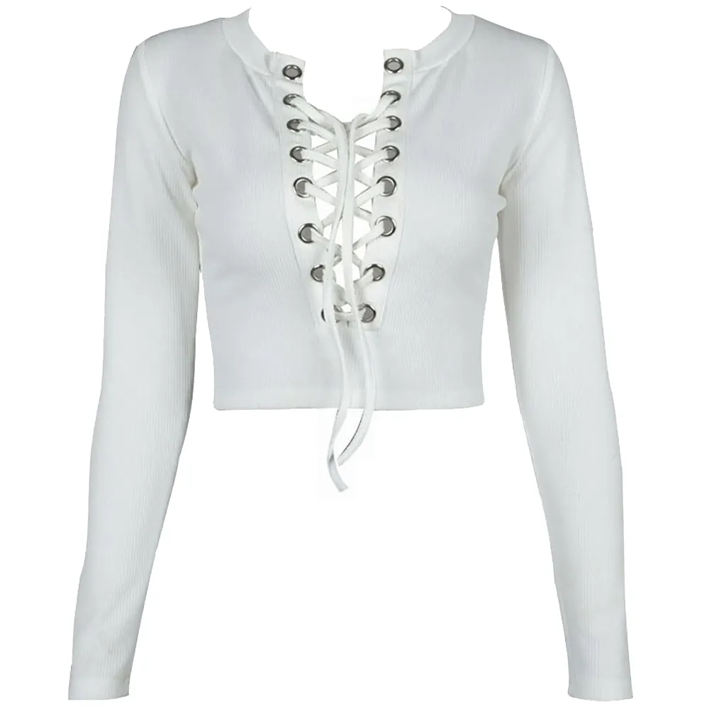 Vrouwen Beste Stijl Lange Mouwen Effen Witte Veters Ontwerp Hals Party Wear Crop Tops