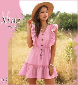 Vestidos de tela de rayón con cuello de pico profundo para mujer, ropa informal de manga corta para verano, 2022 - Product Image 2