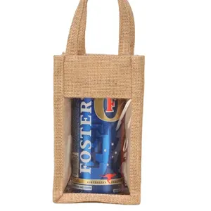 New style hot sale portable recycled Single jute wine carrier gift bag hessian jute wine tote bags with clear pvc window