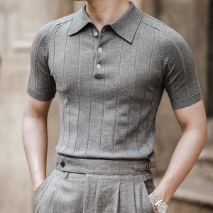 Polo ligero para hombre con rayas verticales, estilo informal, manga corta, material de mezcla de algodón - Product Image 6