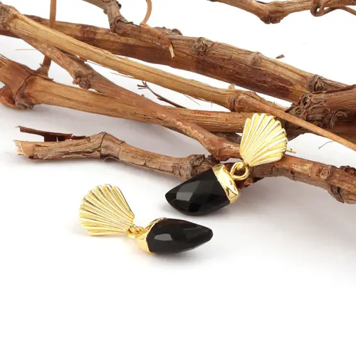 럭셔리 컬렉션 천연 블랙 오닉스 호랑이 네일 모양 귀걸이 황동 금도금 잎 디자인 보석 드롭 매달려 보석 귀걸이