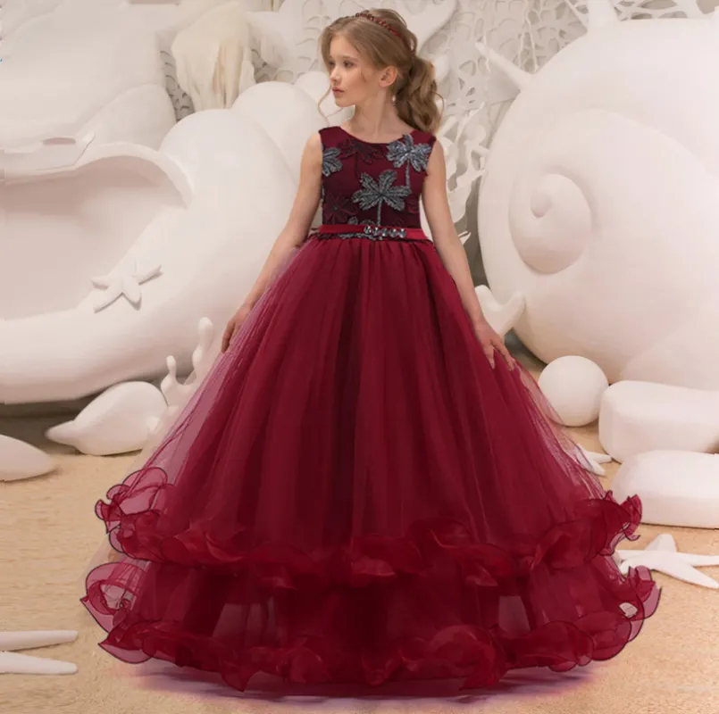 Thanh Lịch Hoa Cô Gái Cotton Áo Dài Thiết Kế Xù Pha Lê Vành Đai Cô Gái Evening Gown Prom Dress LP-76