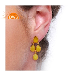 Jaune Calcédoine Pierres Précieuses Boucles D'oreilles Or 18K Plaqué 925 Boucles d'oreilles en Argent Sterling Fabricant De Bijoux - Product Image 4
