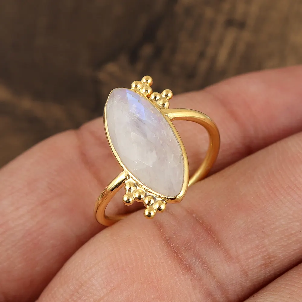 New Fashion Natural Rainbow Moonstone Gemstone Jewelry 925 Sterling Silver 18K Gold Plated Handmade Vintage Women Ring SKR-232