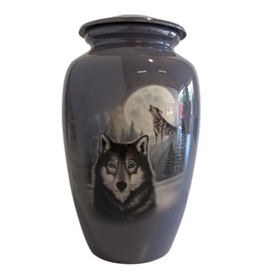 Urne funéraire artisanale en métal imprimé pour cendres humaines d'un être cher, motif loup, finition émail, capacité 200 cm³ - Product Image 1