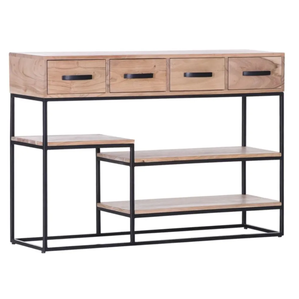 Table de console à 3 tiroirs, armoire de salon, meilleurs placards avec boîtes de rangement en bois massif et support tv artisanat en métal, nouveauté