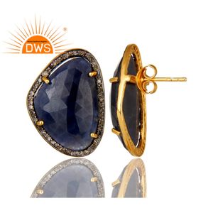 Parures à la mode pour boucles d'oreilles, ensemble de bijoux en saphir bleu, plaqué or 14k, argent Sterling 925, vente en gros - Product Image 2