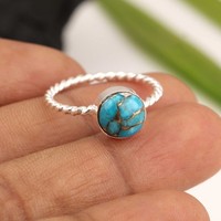 Bague en argent sterling plaqué or 24 carats torsadée avec pierre précieuse turquoise bleue en cuivre de 10 mm, style vintage, la plus vendue