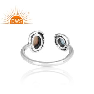 Bague de mariage ouvrable en argent sterling 925 oxydé avec opale éthiopienne naturelle et topaze bleue sertie clos, unisexe - Product Image 4