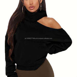 Venta al por mayor negro pulóver sudadera para mujer Casual Logo Fleece Jumper hombro capucha tamaño verdadero ajuste para largo Otoño Invierno - Product Image 4
