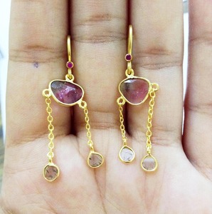 Pendientes de plata de ley 925 hechos a mano con turmalina y rodajas de diamantes, joyería para mujer - Product Image 2