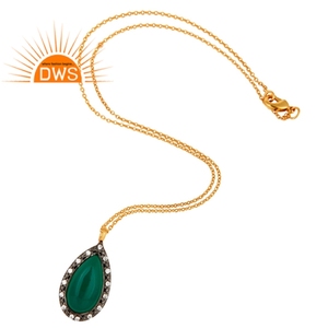Nuevo y Moderno Colgante con Cadena Chapada en Oro de Plata de Ley 925, Joyería para Mujer con Piedra de Ónix Verde, Regalo - Product Image 2