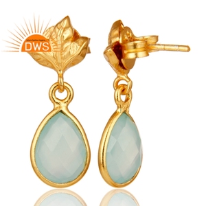 Boucles d'oreilles pendantes en argent plaqué or 18 carats de créateur, vente en gros, pierres précieuses en calcédoine aqua, bijoux, collection classique - Product Image 3