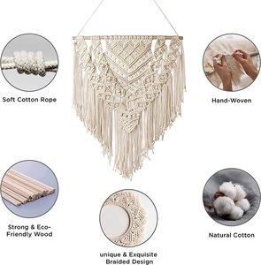 Suspension murale en macramé, fil de coton brut fait à la main et avec du bois doux, pour décoration de maison, produit importé du japon - Product Image 2