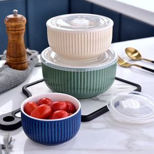 Ensemble <span class=keywords><strong>de</strong></span> 3 pièces bol <span class=keywords><strong>de</strong></span> mélange en porcelaine bol <span class=keywords><strong>de</strong></span> séparation en céramique récipient <span class=keywords><strong>de</strong></span> stockage des aliments avec couvercle - Product Image 2