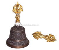 Mélangeur en métal en bronze sept cloche tibétaine avec support design en finition dorée antique article religieux