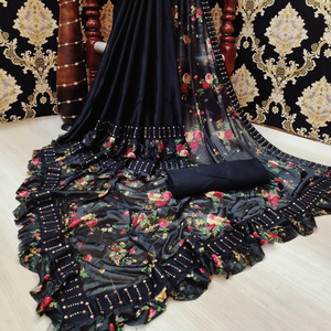 Indien Katan Saree dernier concepteur fête porter mariage dames femmes porter Georgette soie broderie travail Sari avec Blouse Alphanumero - Product Image 1