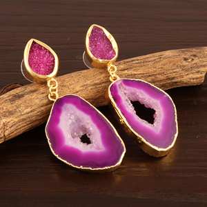 Vente directe en usine, bijoux en tranches de géode rose naturelle et sucre rose druzy, boucles d'oreilles en plaqué or pour femmes - Product Image 3