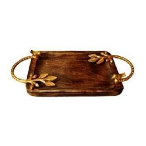 Bandeja de servicio de dátiles de madera de diseño único con asas de latón de hoja Bandeja de chocolates de color marrón de calidad de lujo en la India - Product Image 1