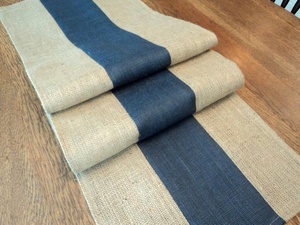 Striped Burlap Table Runner Navy Blue And Natural Rustic Home Decor Washable Woven Cloth - Product Image 2