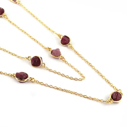 Top quality genuine rough ruby 24k gold plated layered chain necklace for woman july birthstone handmade bezel necklace jewelry