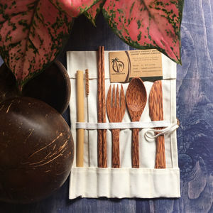 Cubiertos de bambú reutilizables ecológicos de Vietnam, vajilla de coco biodegradable, incluye Tenedor de ébano, cuchara, palillo para acampar - Product Image 1