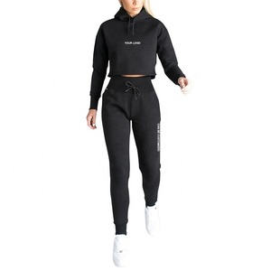 Wholesale High Quality Women's Crop Top Track Suit With Drawstring Hood & Ribbed Waist Women's Pullover Hooded Top Sweat Suit - Product Image 5