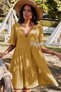 Robe longue décontractée à manches courtes et col en V pour femme, vêtement d'été à imprimé, fait à la main, à la mode, nouvelle collection - Product Image 2