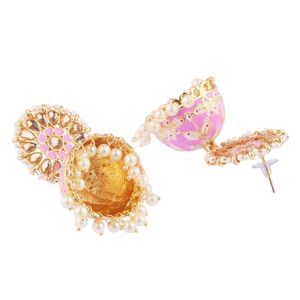 Jhumka — boucles d'oreilles indiennes en cristal, motif Floral, en fausses perles, vente en gros, bijoux de mariée, en rose - Product Image 4