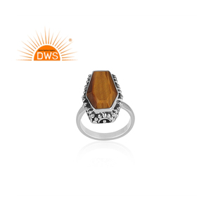 Natural Tiger Eye Gemstone Ring Jewelry Supplier <b>Oxidized</b> 925 Silver Handmade Coffin Ring Custom Jewelry Manufacturer - Product Image 2