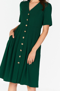 Vestido Formal de Verano Verde con Cuello en V, 100% Lino Crepé, a la Moda, Sexy, Largo hasta la Rodilla, con Botones, Talla XL - Product Image 6