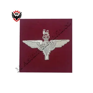 Silver Parachute Wing Hand embroidery Custom blazer wool Badge Frame Badge Burgundy Background Blazer wool frame badge