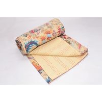 Couvre-lit Kantha en coton indien fait à la main, imprimé à la main avec des motifs floraux, couverture Gudri, couvre-lit ethnique, jeté bohème, couverture d'hôtel