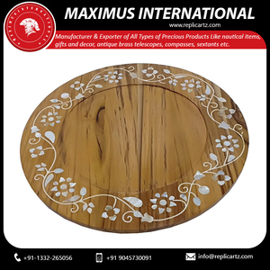 Plateau de service rotatif en bois artisanal avec incrustation florale en nacre, plateau rond pour la décoration de table à manger - Product Image 6