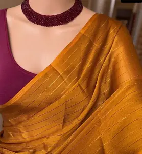 Exclusive Design Of Indian Saree With Zari Lining Work For Ladies Plain Fancy Saree With Low Price For Party And Casual Wear