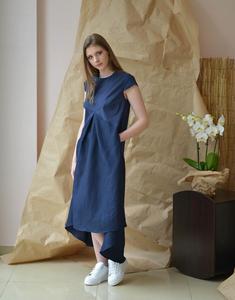 Vestido de lino de media manga con cuello redondo para mujer, tela de crepé azul claro, a la moda, último diseño, largo hasta la rodilla, novedad - Product Image 5