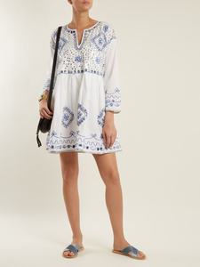 Robe midi au look ensoleillé adorable pour femmes, style bohème chic, tunique en coton brodée, ornée de paillettes, ourlet évasé classique, longue - Product Image 2