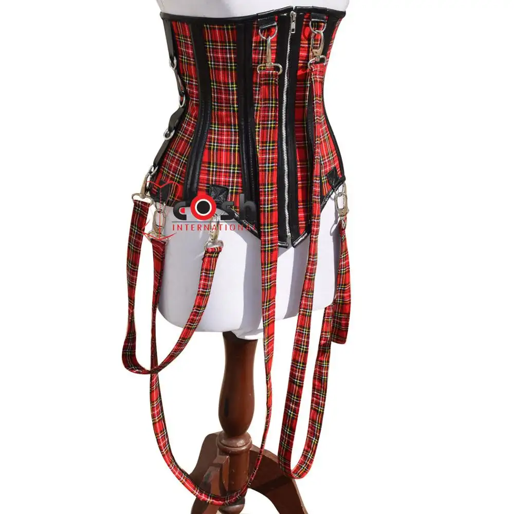 COSH CORSET Club Wear Underbust Steelboned Waist Training Red Tartan Corset With Front Zipper And Adjustable Loops Corset Vendor