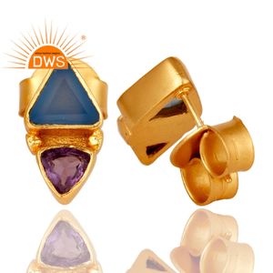 Dernière conception faite à la main améthyste naturelle et calcédoine bleue pierre précieuse boucle d'oreille bijoux de mode pour les femmes cadeau pour elle - Product Image 3