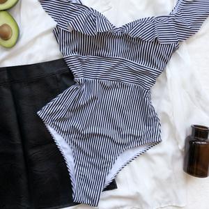 Bikini une pièce à rayures noires et blanches nouvel arrivage personnalisé en gros - Product Image 2