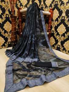 Ropa moderna de fiesta Georgette de seda con trabajo estampado con blusa sin costuras y negro con color azul cielo ropa de mujer india - Product Image 2