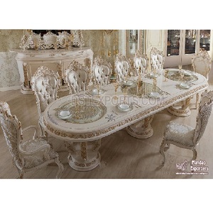 Juego de muebles de comedor blanco real, juego de muebles de comedor clásico, juego de mesa de comedor pulido de mármol elegante - Product Image 1