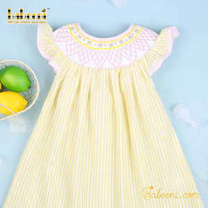 Vestido Smocked personalizable para niños estampado rayas amarillas hecho a mano 3D otoño 100% algodón ecológico BB1665 OEM ODM - Product Image 5