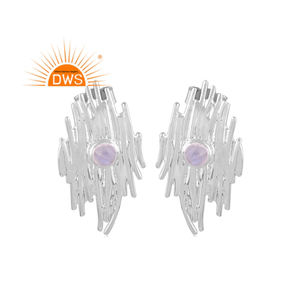 หินอัญมณีสีรุ้งดวงจันทร์ธรรมชาติดีไซน์ทำด้วยมือต่างหูแบบเม็ดกลมพื้นผิวสีเงินแท้ผู้ผลิตเครื่องประดับ - Product Image 1