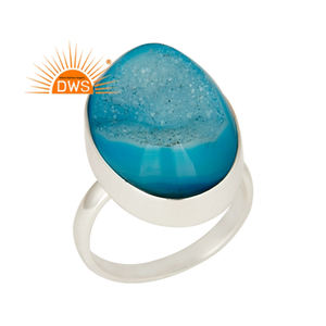 Anillo de piedras preciosas Druzy azul natural, anillo de plata fina de ley para mujer, proveedor de joyería de plata al por mayor, Colección Vintage - Product Image 1