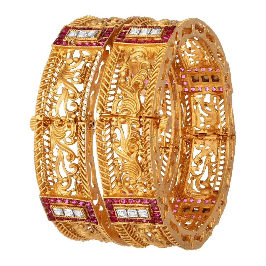 Traditional Indian Gold Plated 22kt Copper Filigree Work Handmade Artificial Fancy Side Lock Openable Bangles Kada for Women